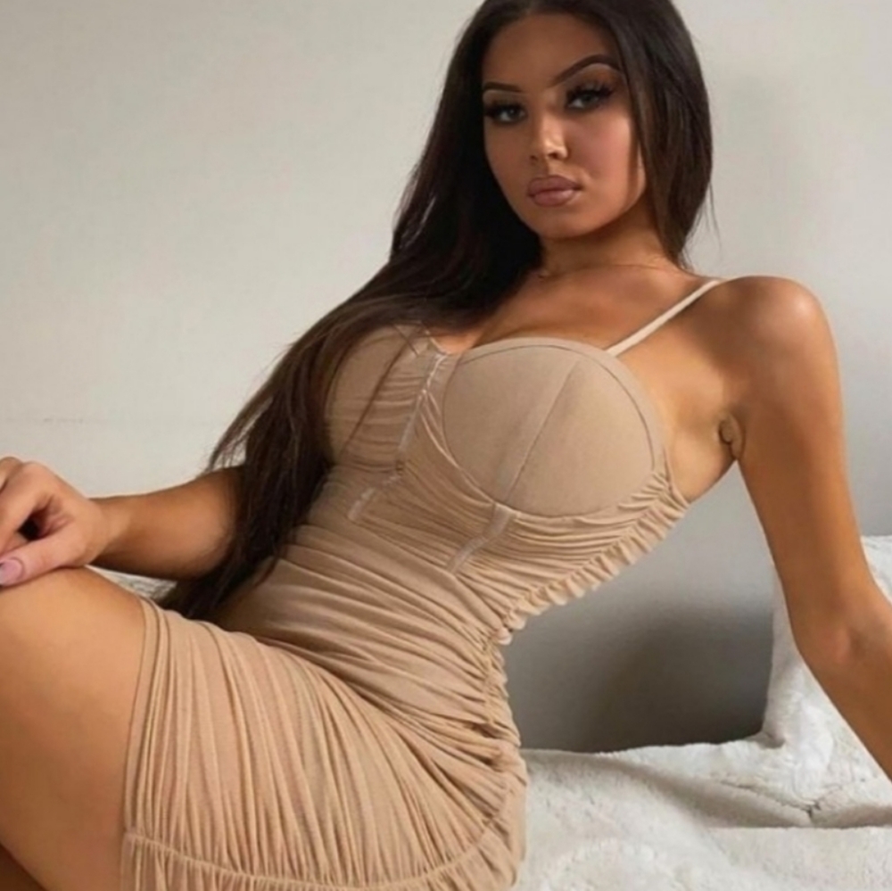 Sexy Ruched Mesh Mini Dress |Nude color | Bust cup